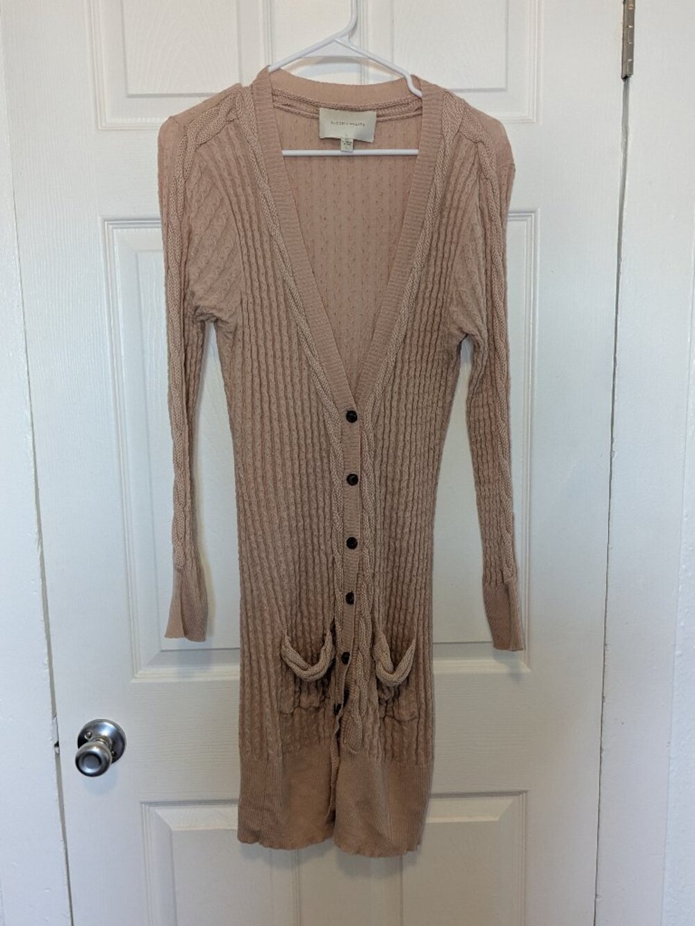 Brochu Walker Pink Cable Knit Long Cardigan Sweater Lg Cottage Fairy Romantic